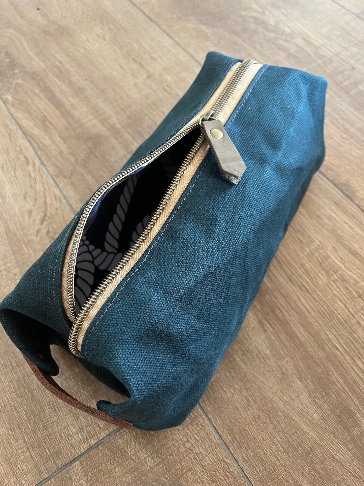 Teal waxed canvas wash bag