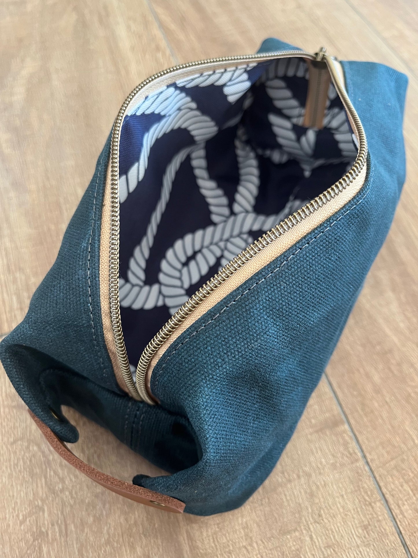 Teal waxed canvas wash bag