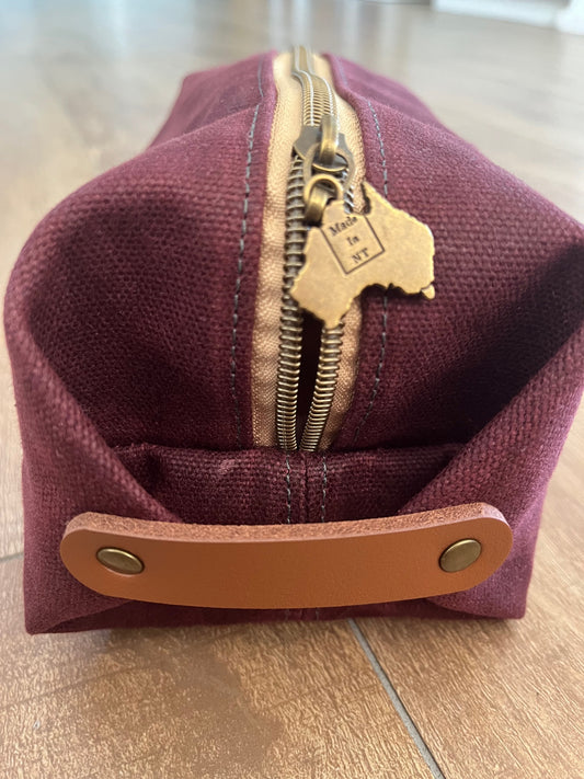 Maroon waxed canvas wash bag