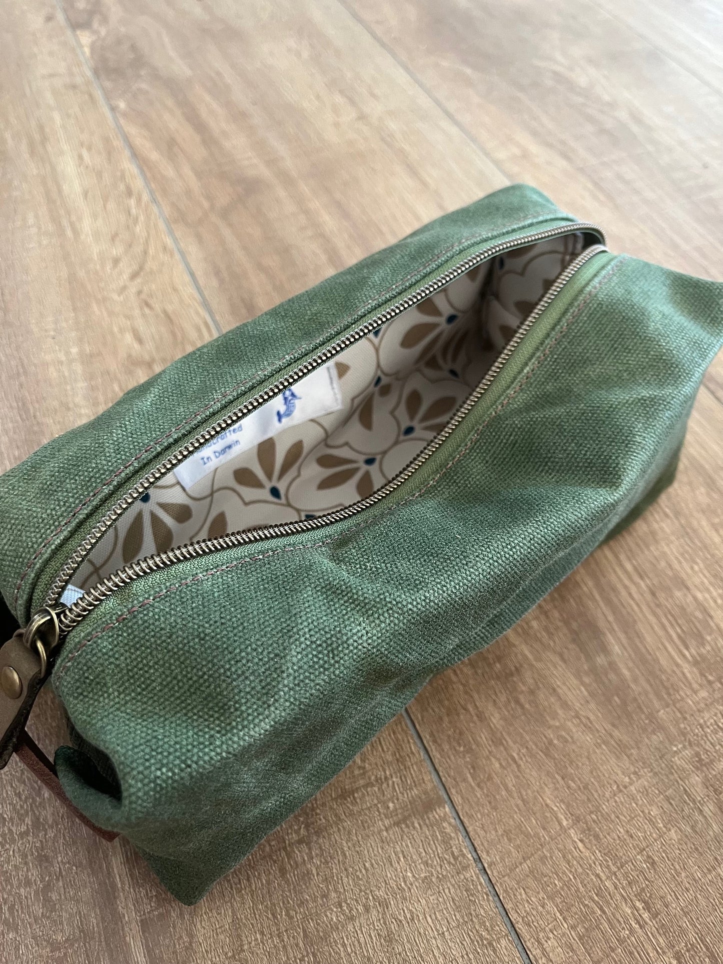Green waxed canvas wash bag