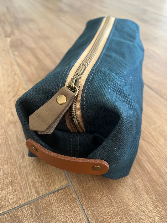 Teal waxed canvas wash bag
